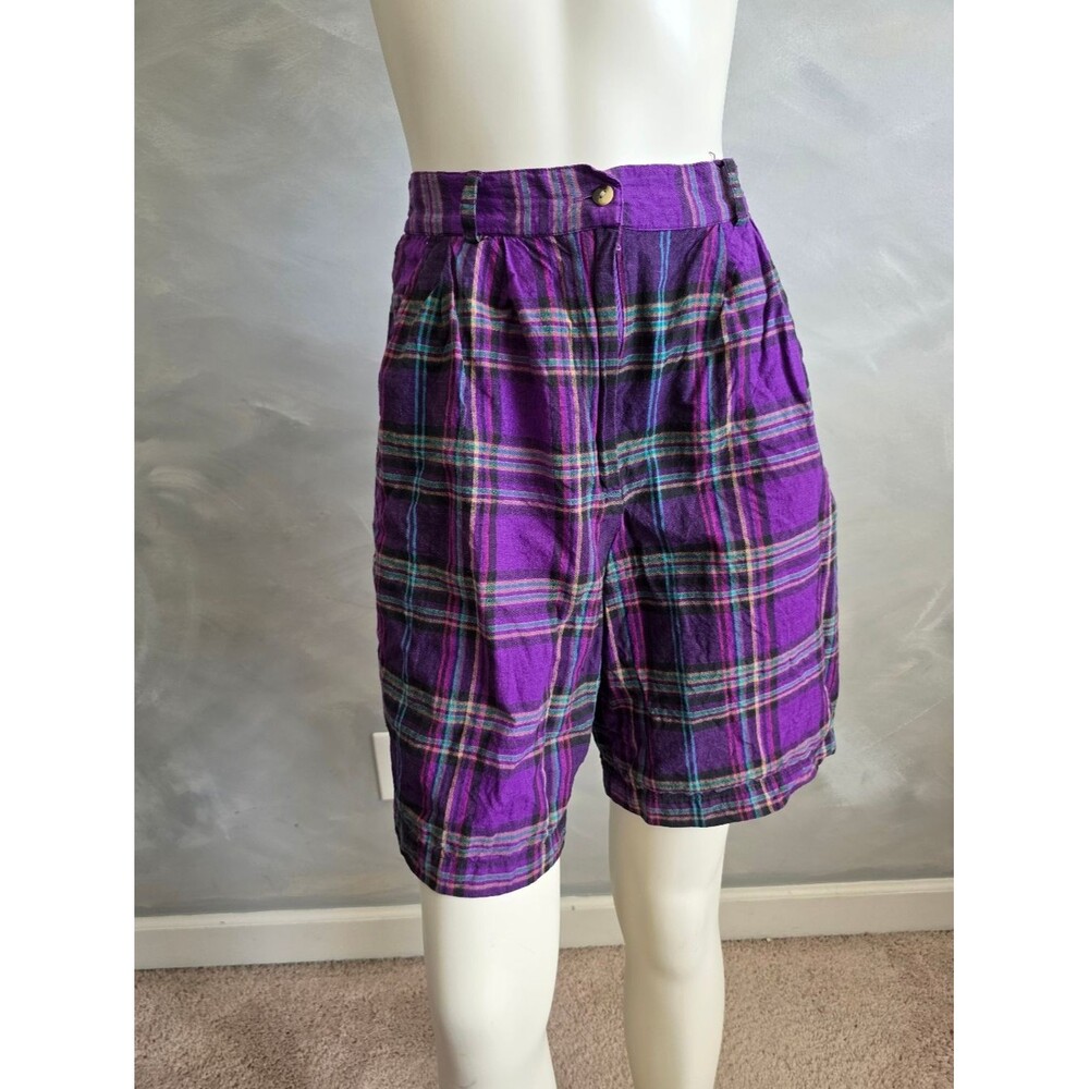 Vintage Cotton Purple Plaid Shorts High Waisted Sz 8 Preppy